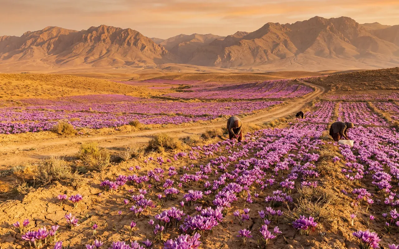 伊朗马什哈德藏红花产地，广袤的紫色藏红花田在金色夕阳下绽放，远处可见干旱山脉