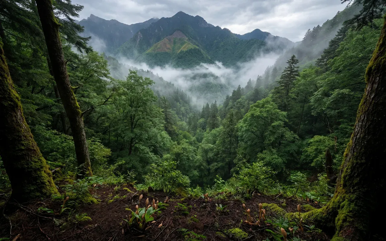 陕西秦岭宁陕天麻产地，云雾缭绕的原始深山密林，森林覆盖率超96%的纯净生态环境
