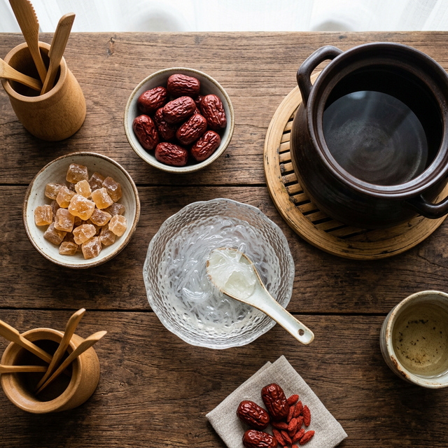 燕窝泡发炖煮准备与传统食材搭配俯视图