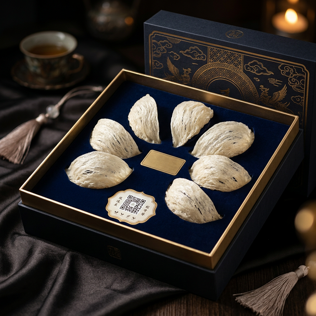 花姿盛溯源燕窝礼盒搭配CAIQ溯源标签展示