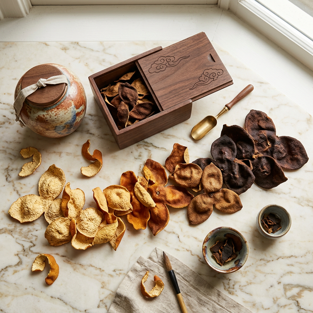 不同陈化年份的新会陈皮对比展示，搭配传统陶罐储存