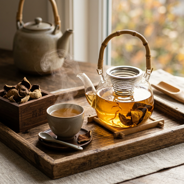 新会陈皮泡茶冲饮场景，金色茶汤搭配玻璃茶壶