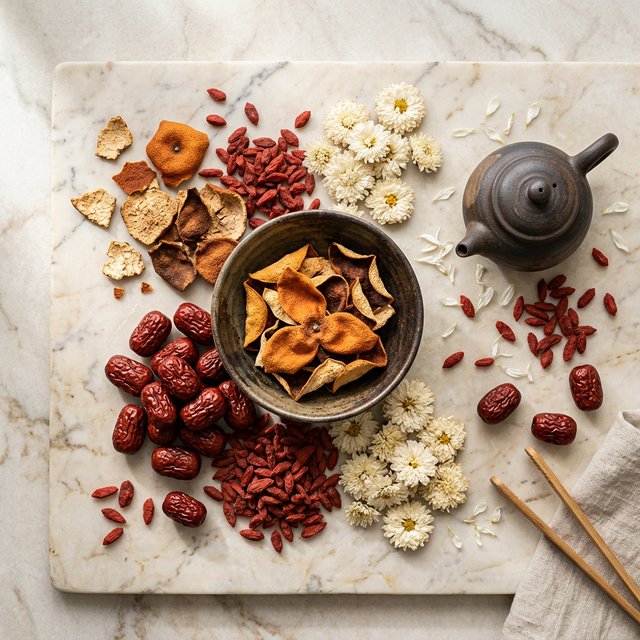 陈皮搭配红枣枸杞菊花的养生食材组合
