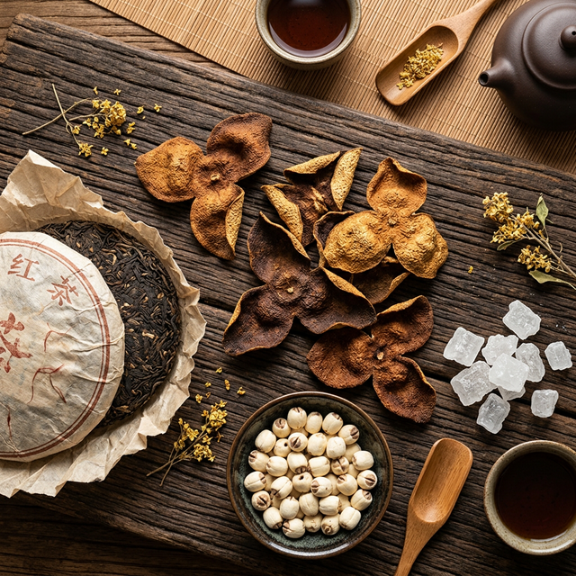陈皮搭配普洱茶饼莲子冰糖的养生食材