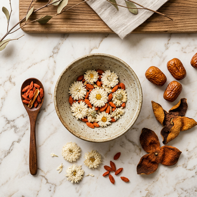 陈皮搭配红枣枸杞菊花养生食材俯拍