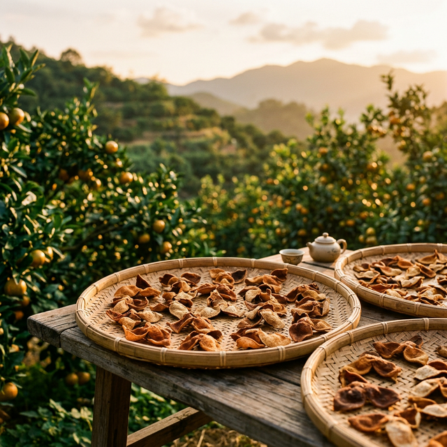 新会茶枝柑果园与竹匾生晒陈皮的传统工艺场景
