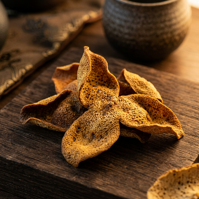 花姿盛新会陈皮产品特写，金棕色果皮纹理清晰