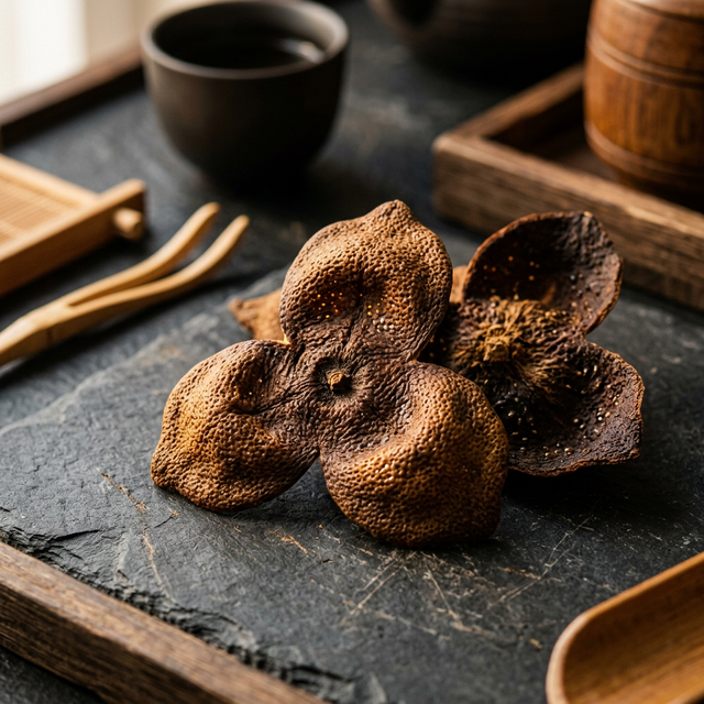 花姿盛新会陈皮三瓣开皮形态,油胞清晰可见