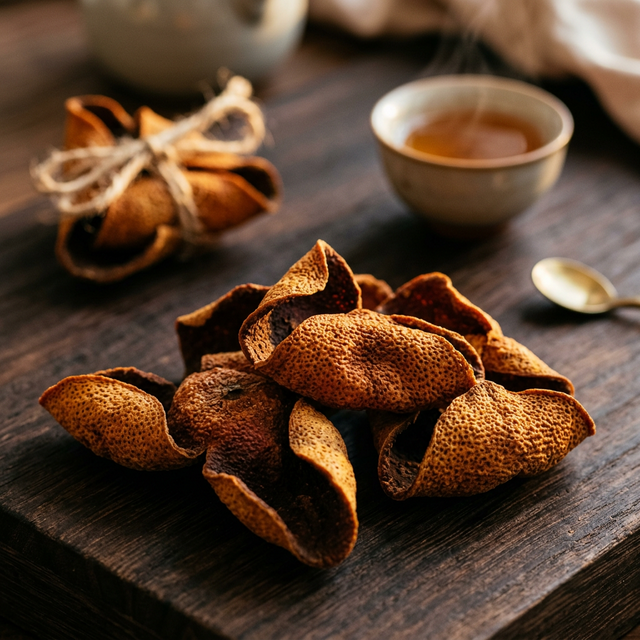 花姿盛新会陈皮特写，红褐色陈皮片展示天然油点纹理