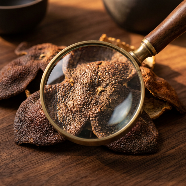 花姿盛新会陈皮油室细节特写,放大镜下可见细密油点