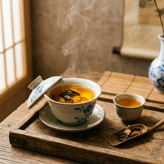 新会陈皮盖碗泡茶场景，琥珀色茶汤清透明亮