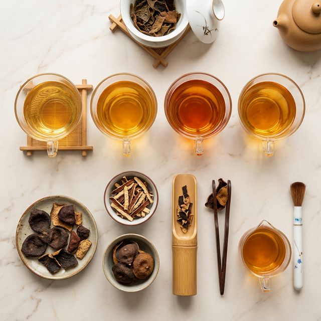 陈皮品鉴泡水测试场景,金黄茶汤搭配传统茶具