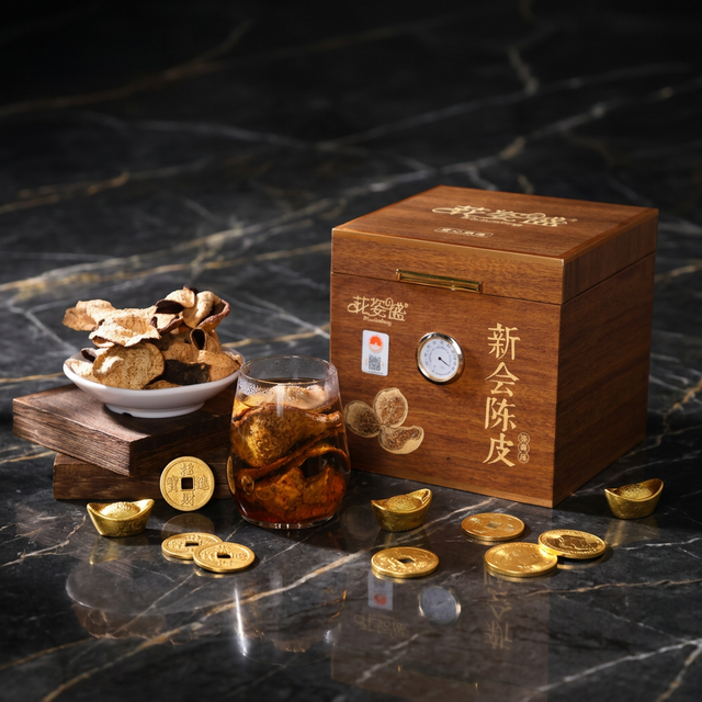 花姿盛陈皮与金色元素搭配的收藏价值意象