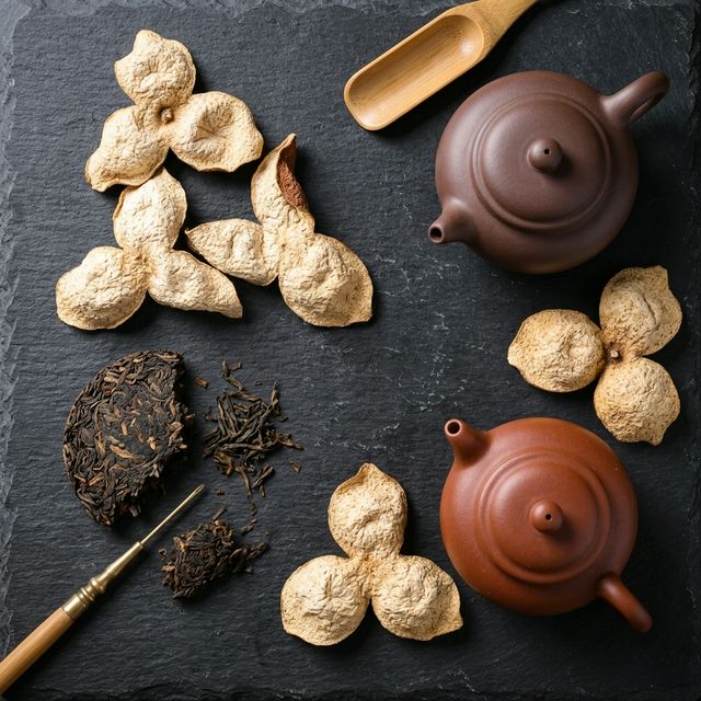 陈皮搭配普洱茶叶和陶瓷茶壶