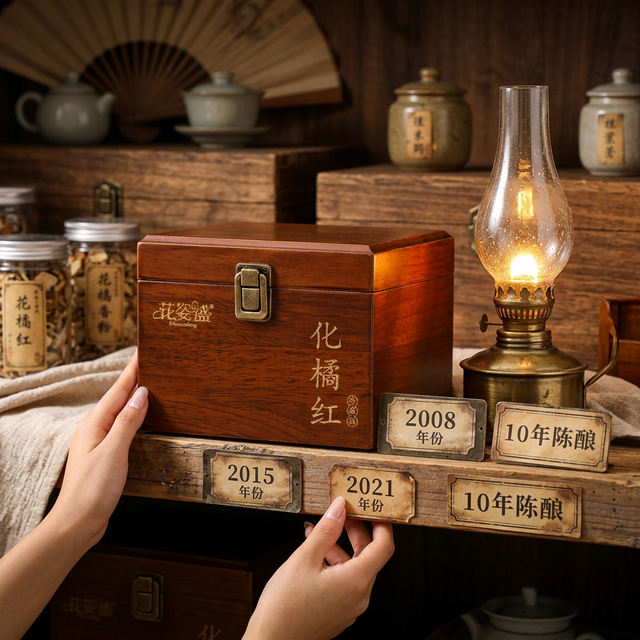 化橘红陈化仓储场景，年份标签与木架