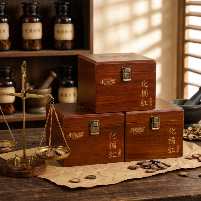 花姿盛化橘红产品特写，牛皮纸与天平秤