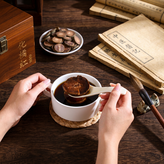 花姿盛化橘红产品特写,古籍书卷与毛笔