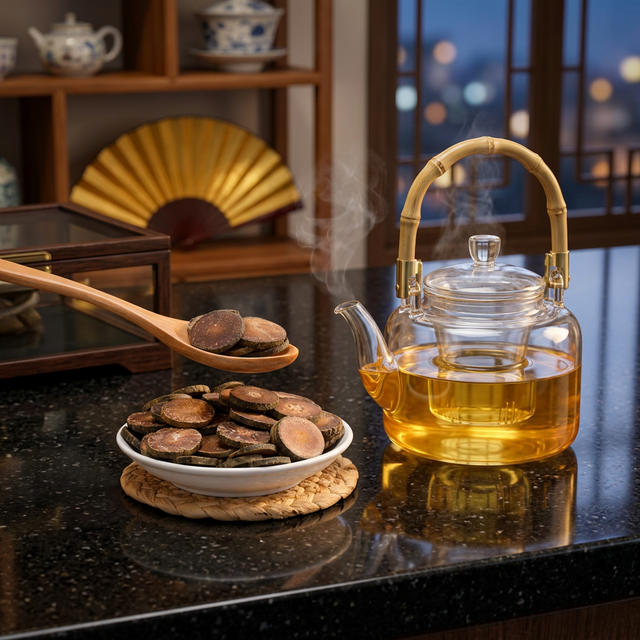 化橘红玻璃壶泡饮场景,花岗岩台面暖光