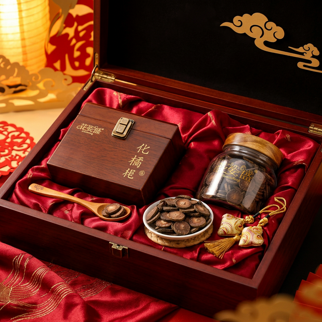 花姿盛化橘红礼盒陈列,红丝绸与木盒