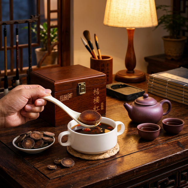 化橘红在长辈书房的泡饮场景,紫砂壶暖灯