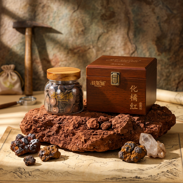 花姿盛化橘红产品特写，红色赤红壤与矿石