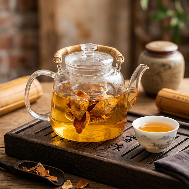 化橘红泡水冲饮场景，金黄通透的茶汤