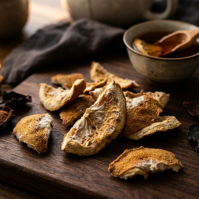 化橘红片近景特写，展示金棕色外皮和白色绒毛纹理