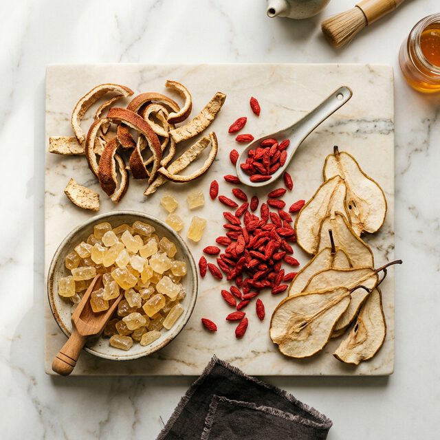 化橘红搭配雪梨、冰糖、枸杞等养生食材