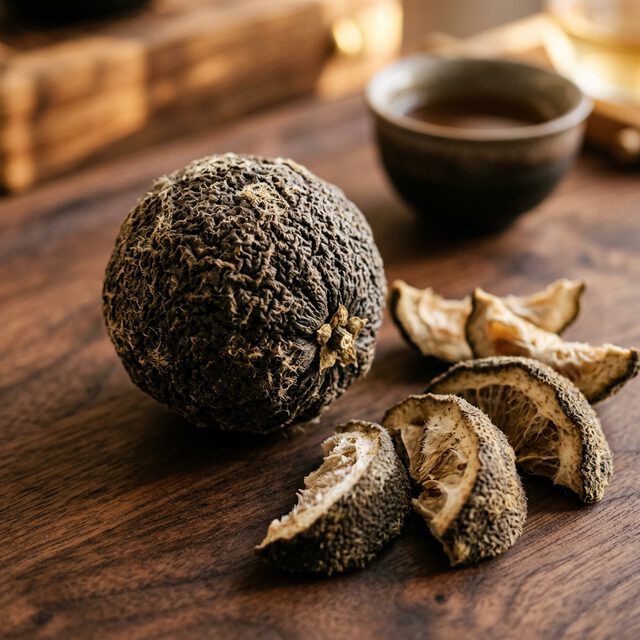 正宗化州毛橘红整果与切片特写，展示表面绒毛和深褐色纹理