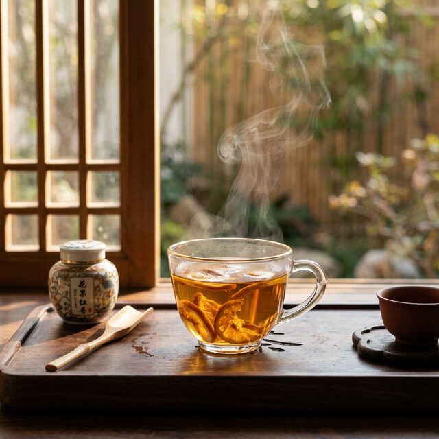 化橘红泡水冲饮场景，金黄通透的茶汤伴随袅袅热气