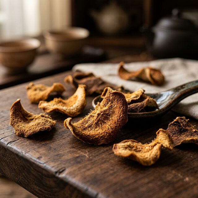 化橘红干片特写，质地厚实纹理清晰