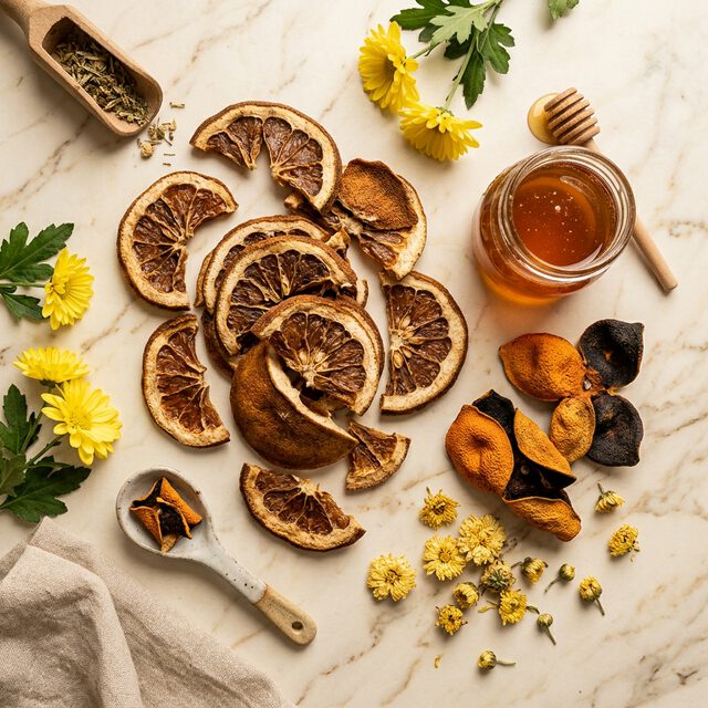 化橘红搭配蜂蜜菊花养生食材平铺展示