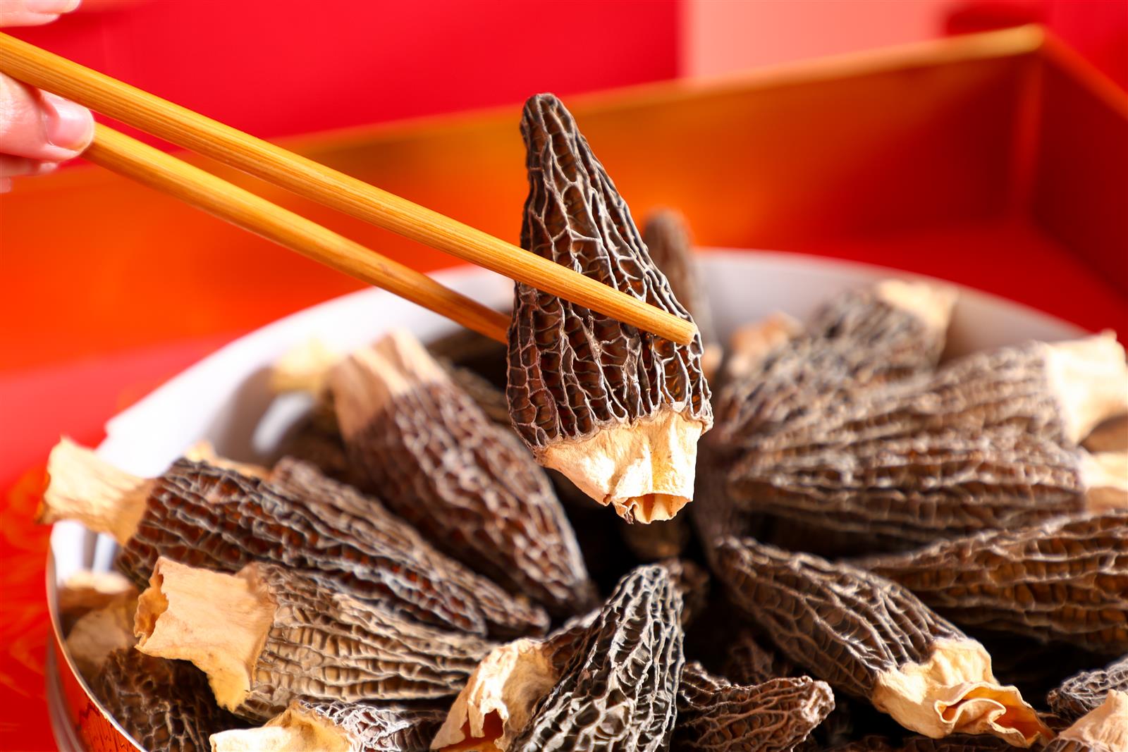 花姿盛羊肚菌干品细节展示,菌帽纹理清晰