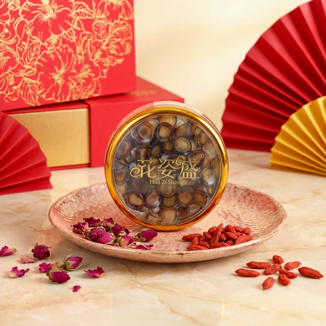 花姿盛鹿茸蜡片产品特写搭配玫瑰干花和枸杞