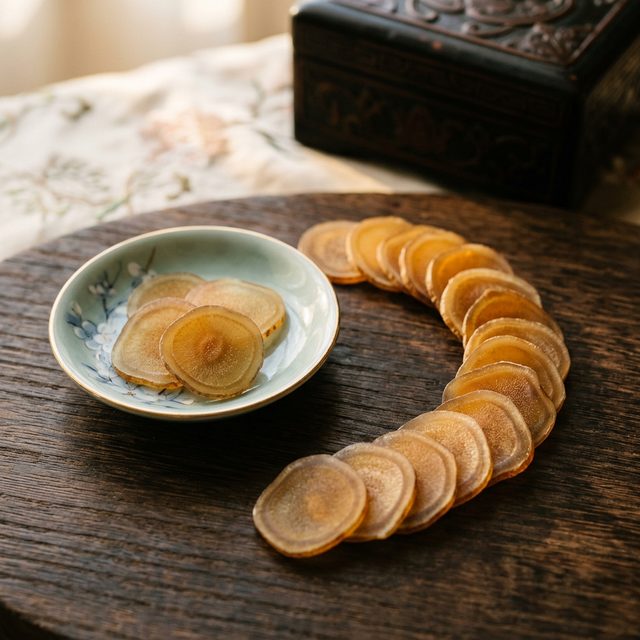 长白山鹿茸蜡片特写，半透明琥珀色切片排列于木案