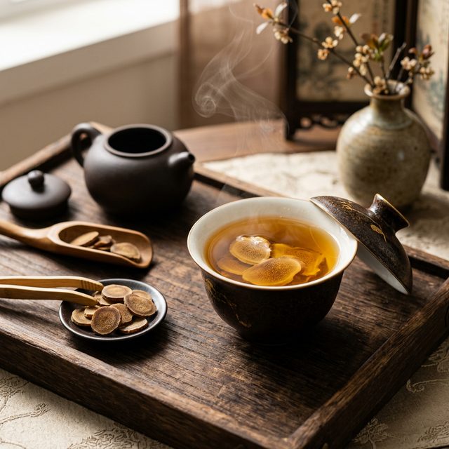 鹿茸蜡片泡水冲饮，茶汤澄澈金黄