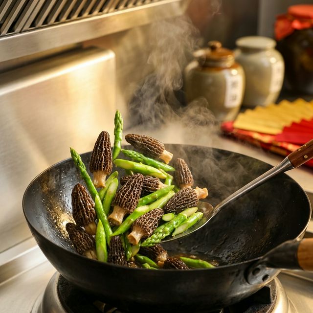 羊肚菌炒菜场景,弹嫩菌体搭配翠绿蔬菜