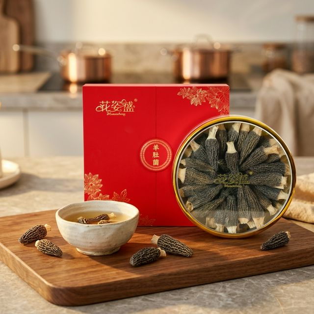 花姿盛金堂羊肚菌产品特写，朵形饱满褶皱深邃