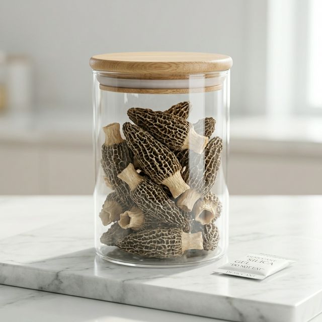 花姿盛干羊肚菌密封罐保存展示,真空干燥剂可见