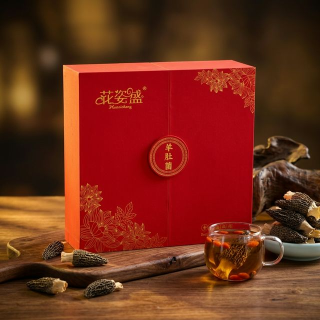 花姿盛金堂干羊肚菌产品特写,菌褶饱满纹理清晰