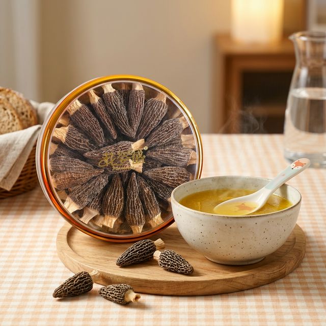 羊肚菌鸡汤配儿童碗勺温馨用餐场景