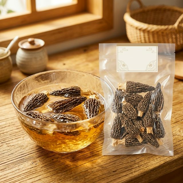 干羊肚菌泡发和真空包装对比展示