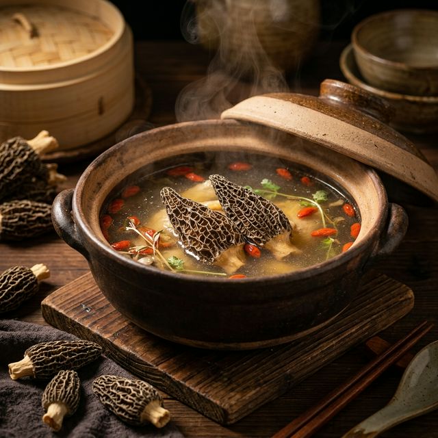 羊肚菌炖鸡汤使用场景,琥珀色汤底搭配砂锅