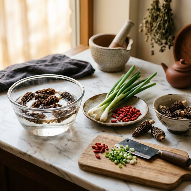 羊肚菌泡发烹饪准备，温水浸泡搭配新鲜食材