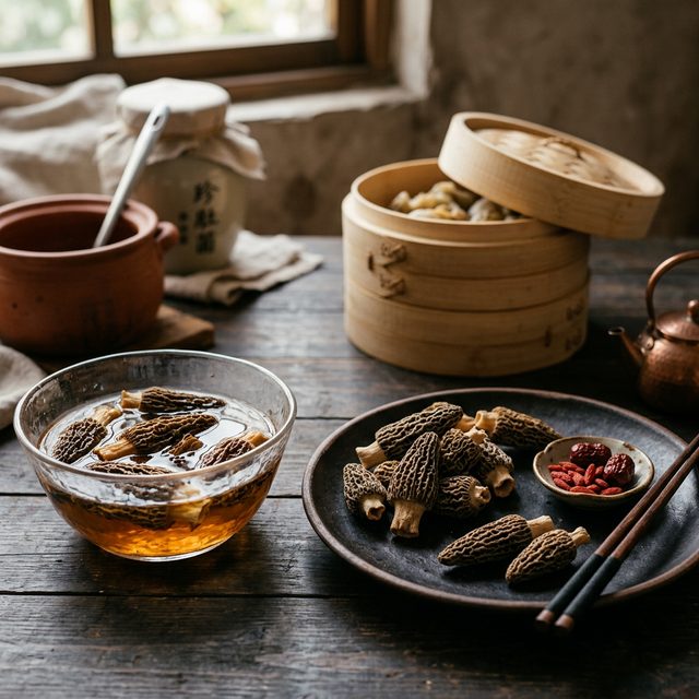 羊肚菌温水泡发与传统烹饪准备场景