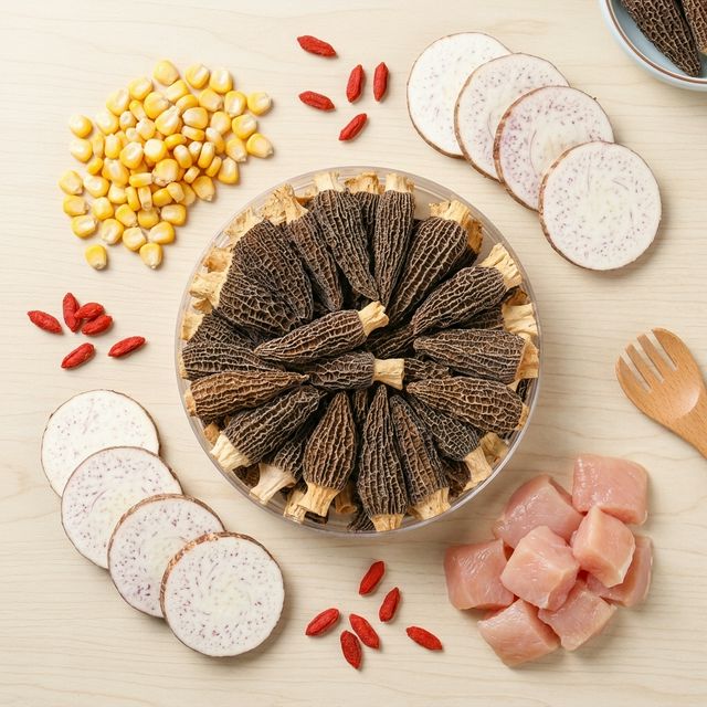 羊肚菌搭配玉米山药鸡肉枸杞食材平铺展示