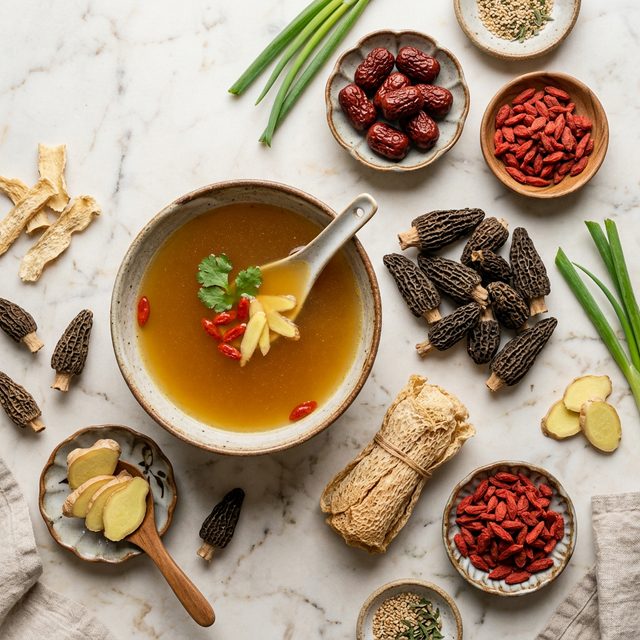 羊肚菌炖汤滋补食材搭配，红枣枸杞鸡汤与菌菇