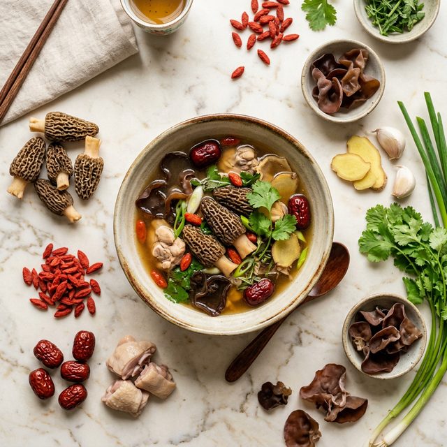 羊肚菌枸杞红枣炖鸡养生汤品俯拍