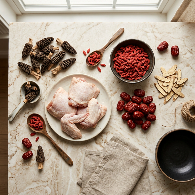 羊肚菌搭配鸡肉枸杞红枣等养生食材俯拍