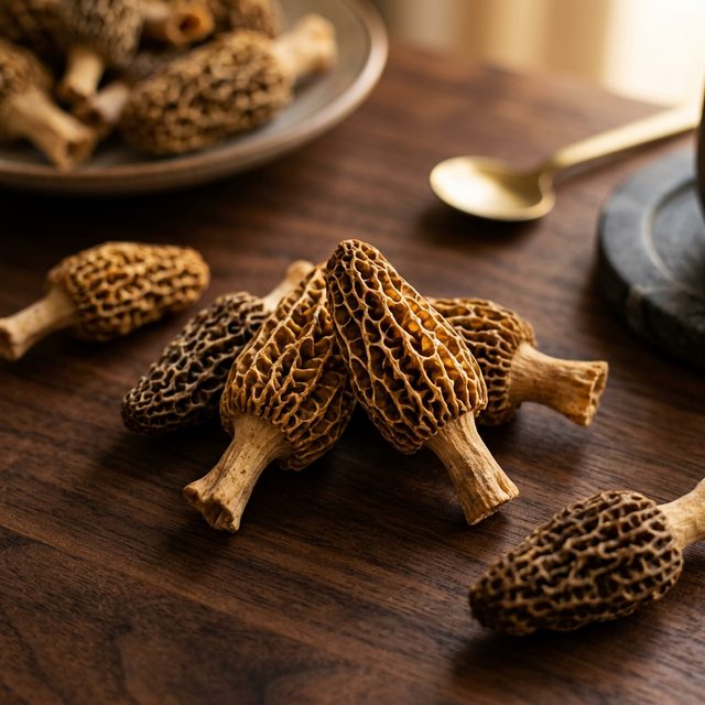 金堂羊肚菌干品特写，蜂窝状褶皱纹路清晰可见